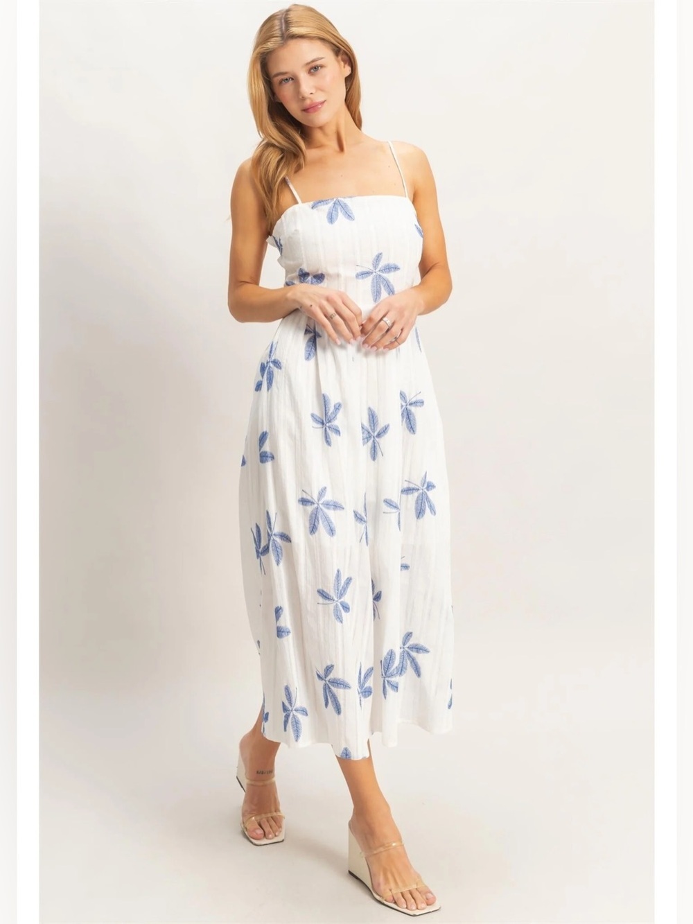 NEW HYFVE White Blue Midi Dress Size Large Tropical Palm Leaf Embroidered